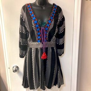 NEW Piper Boho Tassel Tie Embroidered Dress Deep V-Neck Sexy Open Back Black S